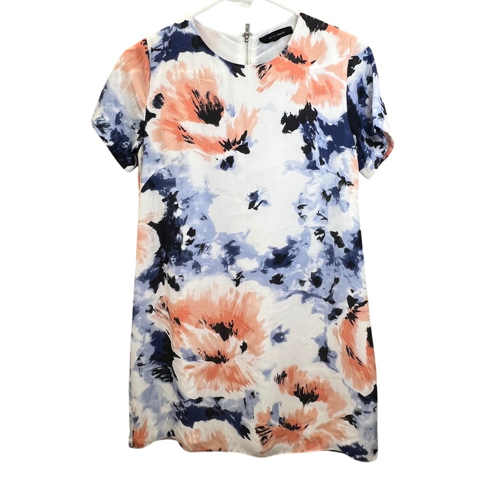 Olivaceous Floral Shift Dress S Short Sleeve Back Zip Watercolor‎ Mod Flowy